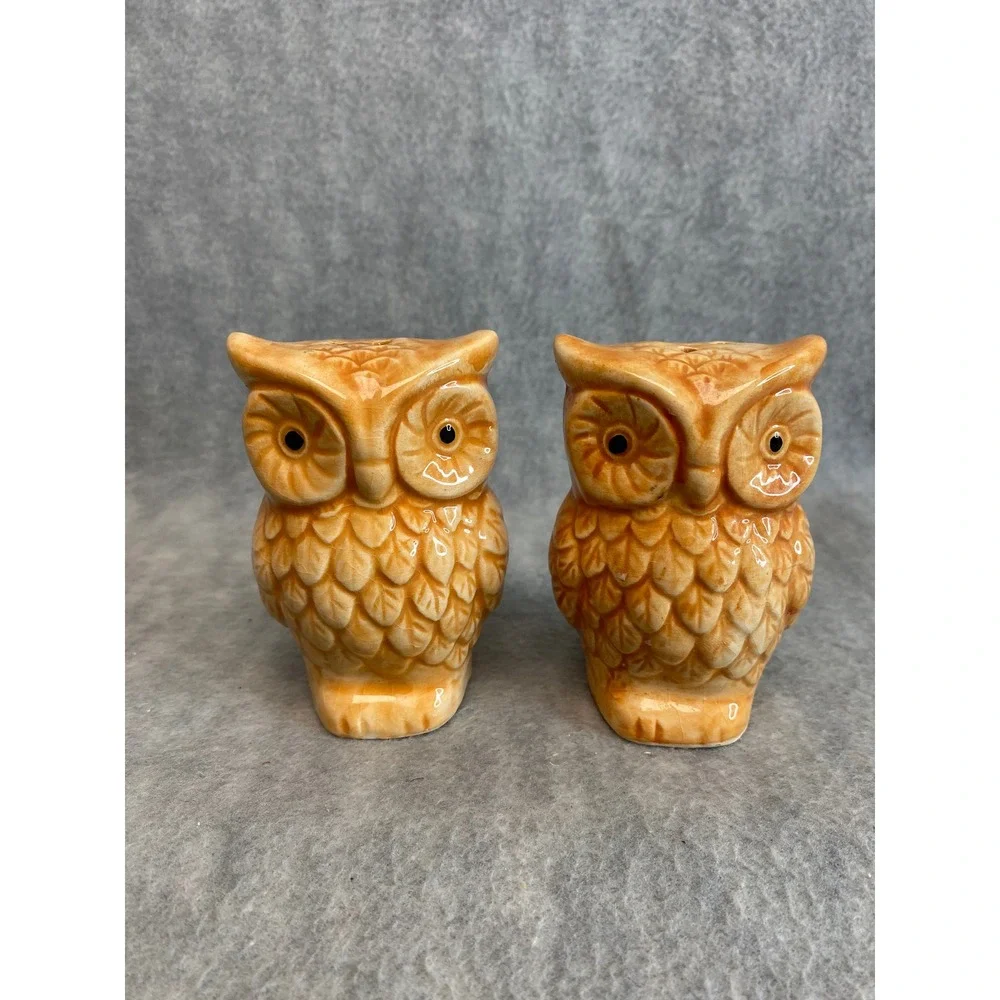 Vintage Ceramic Owl Salt Pepper Shakers Orange Glaze Kitchen Decor‎